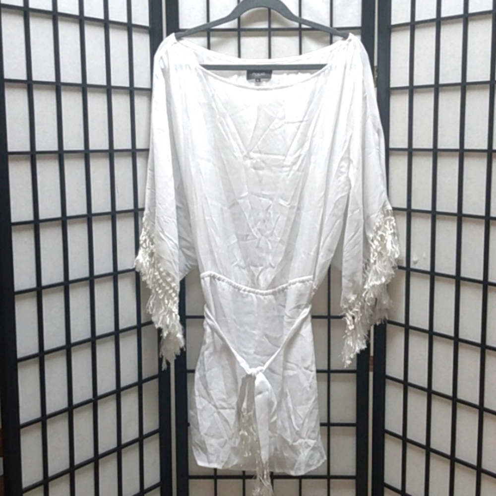 Harper white sheer swimsuit/sleepwear cover up with fringe size Large